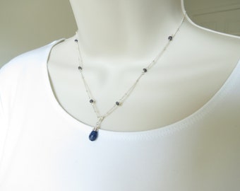 Blue Sapphire Necklace, September Birthstone, Blue Gemstone In Sterling Silver, 16-18.5 Inches Length, Wire Wrapped necklace