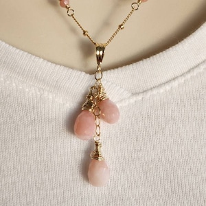 Three Peruvian Pink Opal Pendant Necklace, Pink Gemstone Necklace In 14k Gold Filled, October Birthstone, 16.25-18.5 Inches, Opal Jewelry