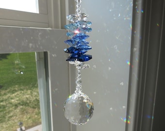 Sapphire And Aquamarine Swarovski Crystal Ball Suncatcher, Dark Sapphire, Rainbow Light Catcher, Home Decoration, Keira's Crystal Creations