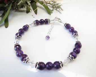 Amethyst Bracelet, Purple Gemstone Bracelet In Sterling, February Birthstone, Amethyst With Swarovski Jewelry, 7 1/4-8 1/4 Inches Length