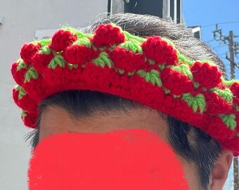 Custom Crochet Strawberry Headband – Handmade Fruit Crown, Cottagecore/Fairycore Hair Accessory, Boho Festival Gift. MTO limited quantities.