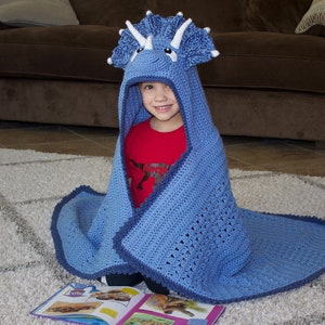 Triceratops Hooded Blanket Crochet Pattern. Cute, Cool, And Easy Dinosaur Afghan Downloadable Instructions for Kids, Teens & Adults