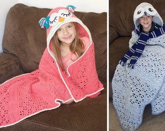 Crochet Owl Blanket Pattern. Easy Instructions for Cute Boy and Girl Wearable Hooded Afghan for Baby, Kid, Teen & Adult Gift (PDF File)