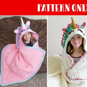 Einhorn gehäkelte Decke Muster - niedliches Kapuzen tragbares Pony Afghan. Einfache herunterladbare Anweisungen für Baby-Mädchen, Kinder, Jugendliche und Erwachsene