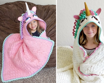 Crochet Unicorn Blanket Pattern - Cute Hooded Wearable Pony Afghan. Easy Downloadable Instructions for baby girls, kids, teens & adults gift