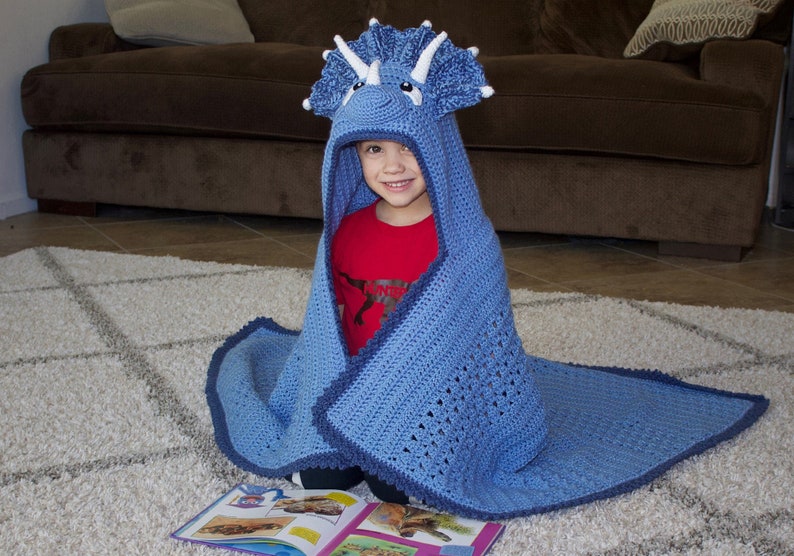 Triceratops Hooded Blanket Crochet Pattern. Cute, Cool, And Easy Dinosaur Afghan Downloadable Instructions for Kids, Teens & Adults image 1