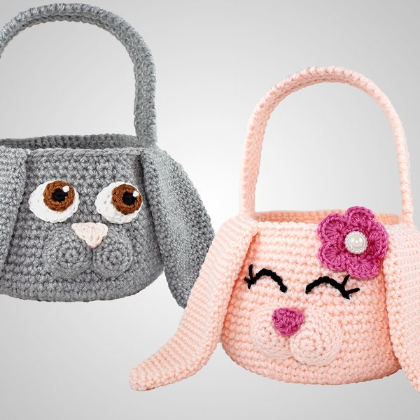 Modèle de panier de lapin au crochet. Instructions faciles pour les enfants mignons lapin de Pâques sac animal lapin. Les deux versions garçon et fille sont incluses (fichier PDF)