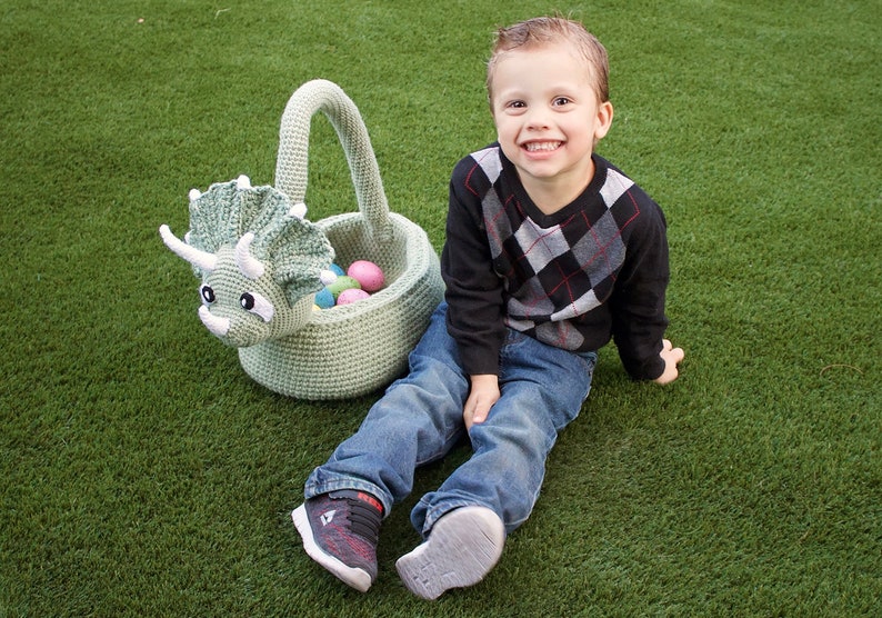 Crochet Triceratops Basket Pattern. Easy Written Instructions for Cool Dinosaur Easter Basket or Kids Storage Container / Bag PDF File image 5