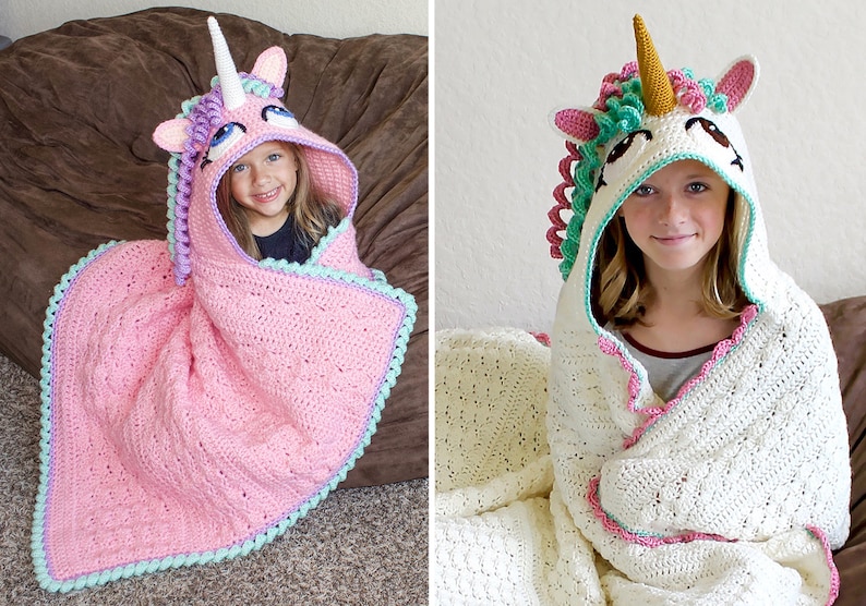 Crochet Unicorn Blanket Pattern Cute Hooded Wearable Pony Afghan. Easy Downloadable Instructions for baby girls, kids, teens & adults gift zdjęcie 3