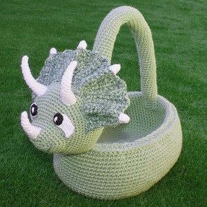Crochet Triceratops Basket Pattern. Easy Written Instructions for Cool Dinosaur Easter Basket or Kids Storage Container / Bag PDF File image 1