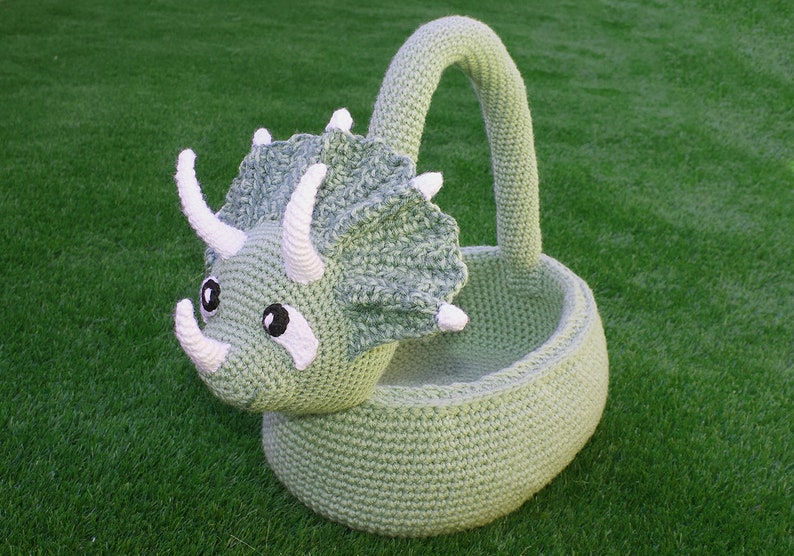 Crochet Triceratops Basket Pattern. Easy Written Instructions for Cool Dinosaur Easter Basket or Kids Storage Container / Bag PDF File image 1