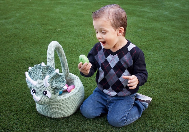 Crochet Triceratops Basket Pattern. Easy Written Instructions for Cool Dinosaur Easter Basket or Kids Storage Container / Bag PDF File image 3