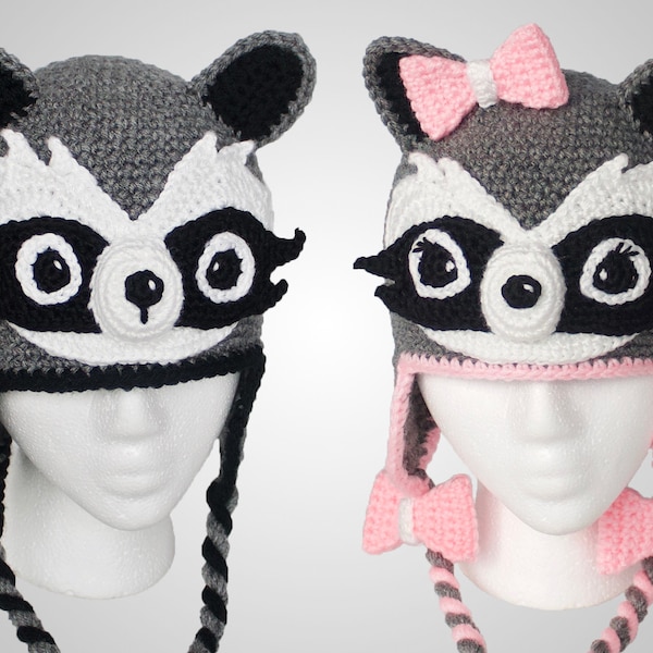 Crochet Raccoon Hat Pattern. A Fun, Adorable, Warm, Easy Hat For Babies, Kids,Teens & Adults With Downloadable Instructions.