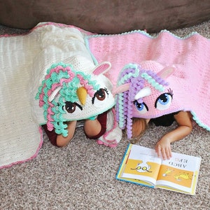 Crochet Unicorn Blanket Pattern Cute Hooded Wearable Pony Afghan. Easy Downloadable Instructions for baby girls, kids, teens & adults gift zdjęcie 2