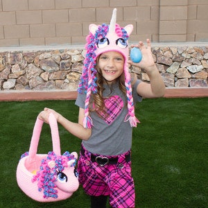 Crochet Unicorn Hat & Basket Pattern Pack. Easy Instructions for Cute Pony Beanie for Baby, Kid, Teen and Adults and Easter Bag PDF FILES image 1