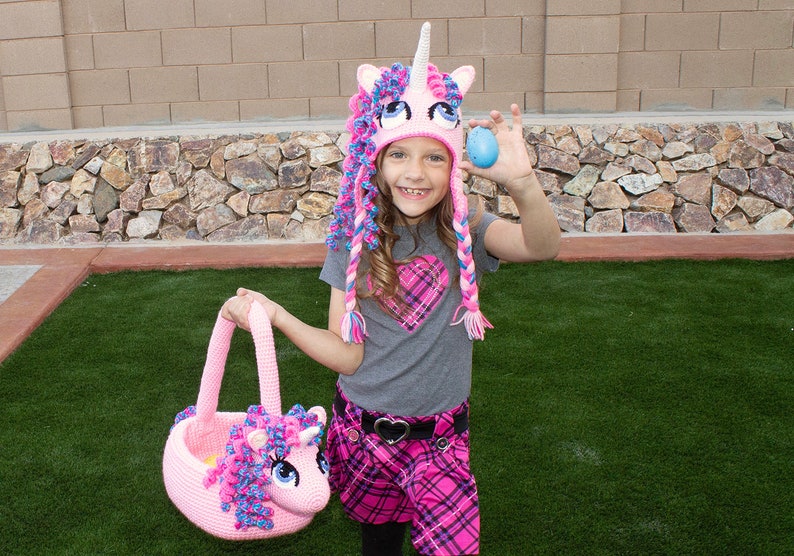 Crochet Unicorn Hat & Basket Pattern Pack. Easy Instructions for Cute Pony Beanie for Baby, Kid, Teen and Adults and Easter Bag PDF FILES image 1