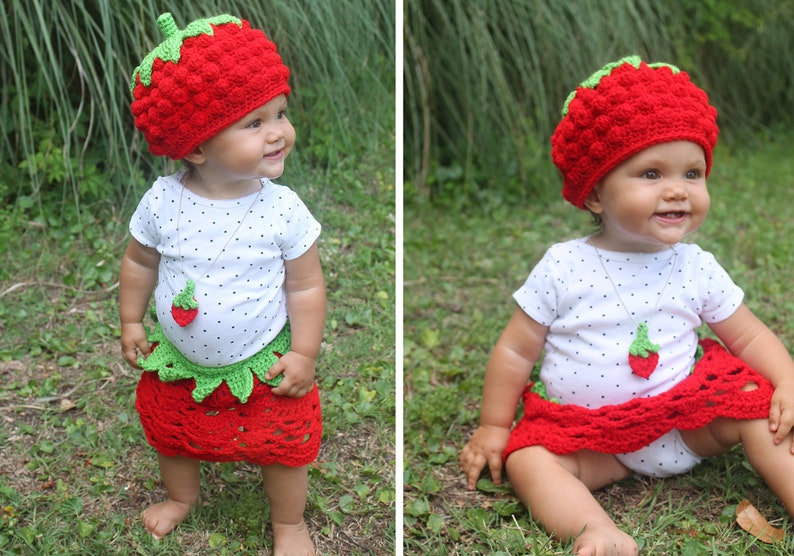 Crochet Strawberry Hat, Skirt & Pendant Outfit Pattern. Cute and Easy Written Tutorial for Dress Up Baby and Kid Costume PDF FILE image 4