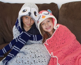 Crochet Owl Blanket Pattern. Easy Instructions for Cute Boy and Girl Wearable Hooded Afghan for Baby, Kid, Teen & Adult Gift (PDF File)