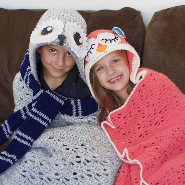 Crochet Owl Blanket Pattern. Easy Instructions for Cute Boy and Girl Wearable Hooded Afghan for Baby, Kid, Teen & Adult Gift (PDF File)