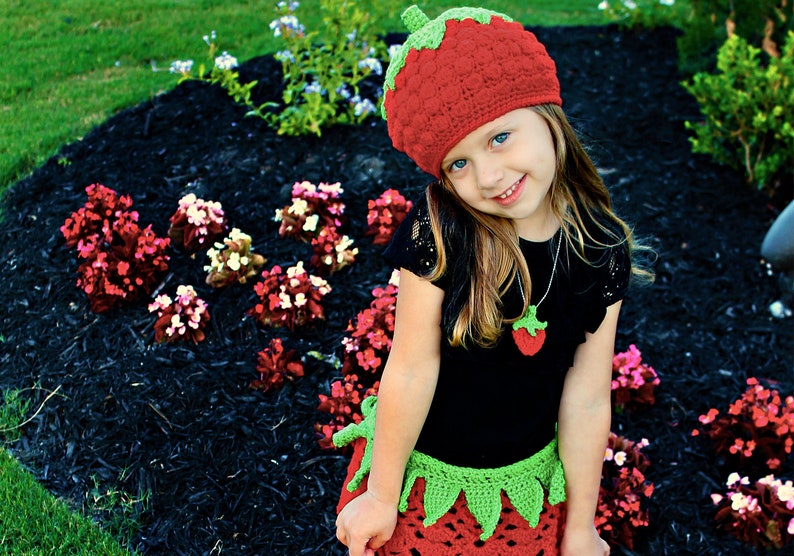 Crochet Strawberry Hat, Skirt & Pendant Outfit Pattern. Cute and Easy Written Tutorial for Dress Up Baby and Kid Costume PDF FILE image 1