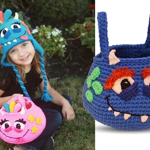 May include: A blue and pink crocheted monster hat and trick-or-treat bag. The hat has a long blue tail and the bag has a handle. Both have a friendly monster face with big eyes, a wide smile, and a tongue sticking out.