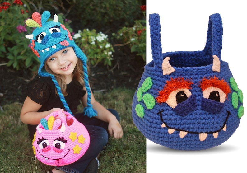 May include: A blue and pink crocheted monster hat and trick-or-treat bag. The hat has a long blue tail and the bag has a handle. Both have a friendly monster face with big eyes, a wide smile, and a tongue sticking out.