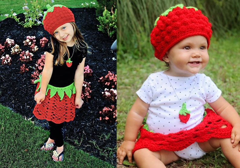 Crochet Strawberry Hat, Skirt & Pendant Outfit Pattern. Cute and Easy Written Tutorial for Dress Up Baby and Kid Costume PDF FILE image 2