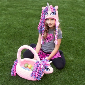 Crochet Unicorn Hat & Basket Pattern Pack. Easy Instructions for Cute Pony Beanie for Baby, Kid, Teen and Adults and Easter Bag PDF FILES image 4