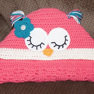 May include: A pink crocheted owl blanket with white and teal accents. The owl has white eyes with black eyelashes and a yellow beak. The blanket has a white crocheted border.
