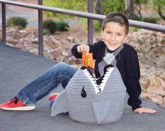 Crochet Shark Bag Pattern. Easy, Downloadable Instructions for Big Kid Halloween Trick-or-Treat Animal Tote or Cool Easter Basket Gift