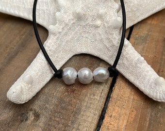 Triple Pearl Leather Necklace, Grey Freshwater Pearl and Leather Necklace