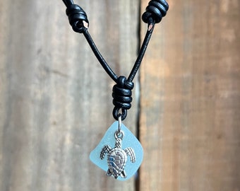 Light Blue Sea Glass Turtle Necklace, Turtle Necklace, light blue sea glass, Leather Turtle Necklace