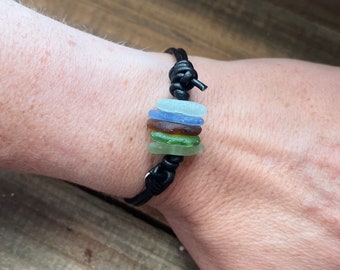 Multi Colored Sea Glass Bracelet, Real Sea Glass and Leather Bracelet, Sea Glass Jewelry, Beach Glass Bracelet