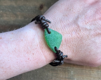 Green Sea Glass and leather bracelet, Beach glass bracelet, Real Sea glass adjustable bracelet