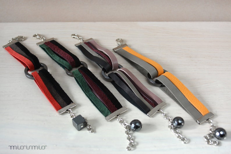Unique bracelet Eco friendly scrap leather bracelet in purple and real hematite beads.