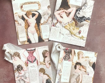4 Vintage Style Corset Lingerie Gift Tags with pure silk ribbons , Victorian Lady Junk Journal Tags , Scrapbooking tags , Shabby Chic Tags