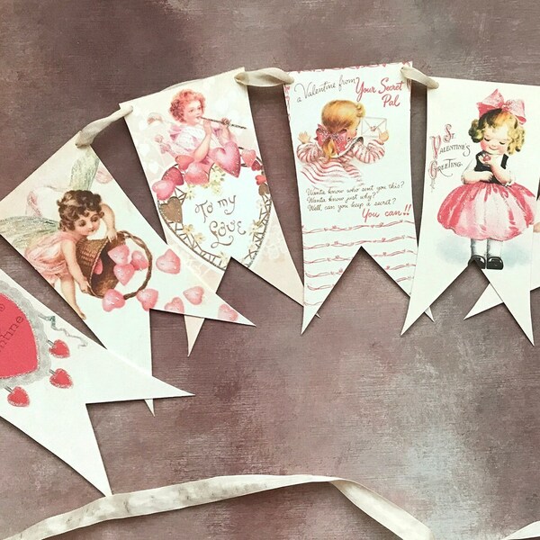 Valentine's Day Vintage Style Bunting Flag garland , Valentines Day Mantle Garland, Vintage Style Decor , Shabby Chic Valentines Day Decor