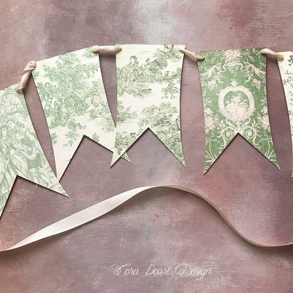 Green Toile de Jouy Shabby Chic Vintage Style Bunting Flag garland , Spring Banner, Antique Fabrics Paper Garland,French Cottage Style Decor