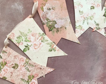 Faded Florals Bunting Flag garland , Vintage Style Pink Spring Banner, Easter Decorations, Cottagecore Wall Decor, Farmhouse aesthetic