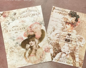 4 French Vintage Style Luxury Glitter Gift Tags with silk ribbons , Victorian Lady Junk Journal Tags , Scrapbooking tags