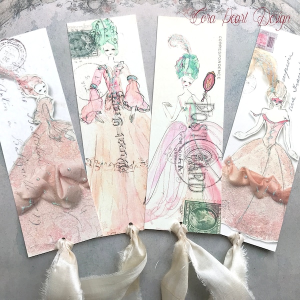 4 Marie Antoinette Inspired Watercolor painting Glitter Bookmarks with Silk  - Shabby Chic Book marks - Junk Journal Tags - French Favors