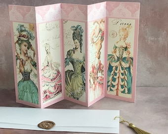 Marie Antoinette Concertina Grußkarte mit Wachssiegel aus Wachsumschlag und Goldquaste - Geburtstagskarte - Fine Art Karten - Marie Geschenke
