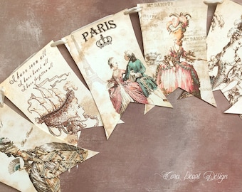 Marie Antoinette Glitter Bunting , Vintage Style Shabby Chic French Paris Party Decor , Marie Garland , Marie Party Banner , Wedding Decor