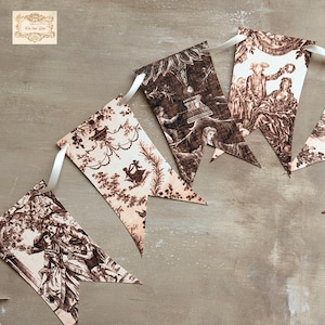 Brown Toile de Jouy Vintage Style Bunting Flag garland , Autumn Fall Banner, Antique Fabrics Paper Garland, Cottagecore Home Decor