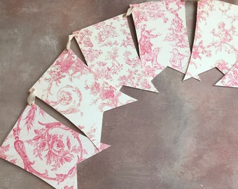 Ghirlanda di bandiere rosa Toile de Jouy Shabby Chic in stile vintage, striscione primaverile, ghirlanda di carta con tessuti antichi, arredamento in stile cottage francese