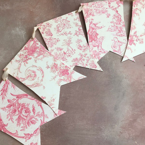 Pink Toile de Jouy Shabby Chic Vintage Style Bunting Flag garland , Spring Banner, Antique Fabrics Paper Garland, French Cottage Style Decor