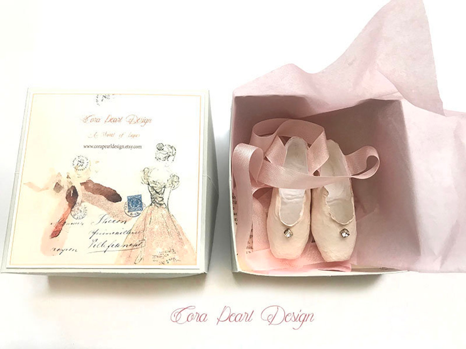 single vintage rhinestone pink paper miniature pointe shoes in gift box - paper ballet shoes - paper sculpture - ballet gifts