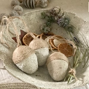 Set of 3 Acorns Rustic hanging decorations, Woodland Halloween Tree Home Decor, Cottagecore Ornament , Stone effect Neutral home decor