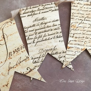 Antique French Manuscript Paper Garland, Spring Banner, Bunting Flags, French Cottagecore Home Decor