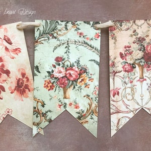 Floral Bunting Flag garland , Vintage Style Banner, Antique Fabrics Paper Garland, French Cottagecore Wall Decor